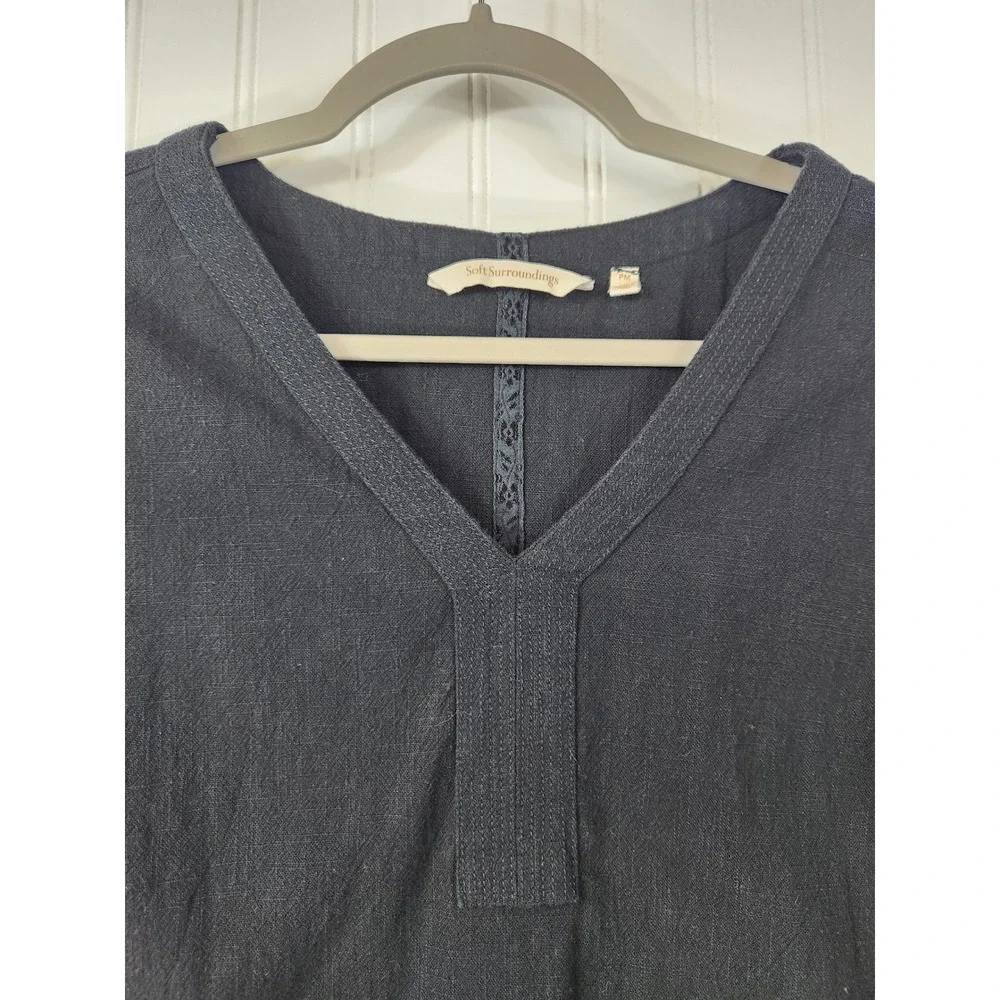 Soft Surroundings Charcoal Black Cotton V-Neck Roll Tab Tunic Top Petite‎ Medium